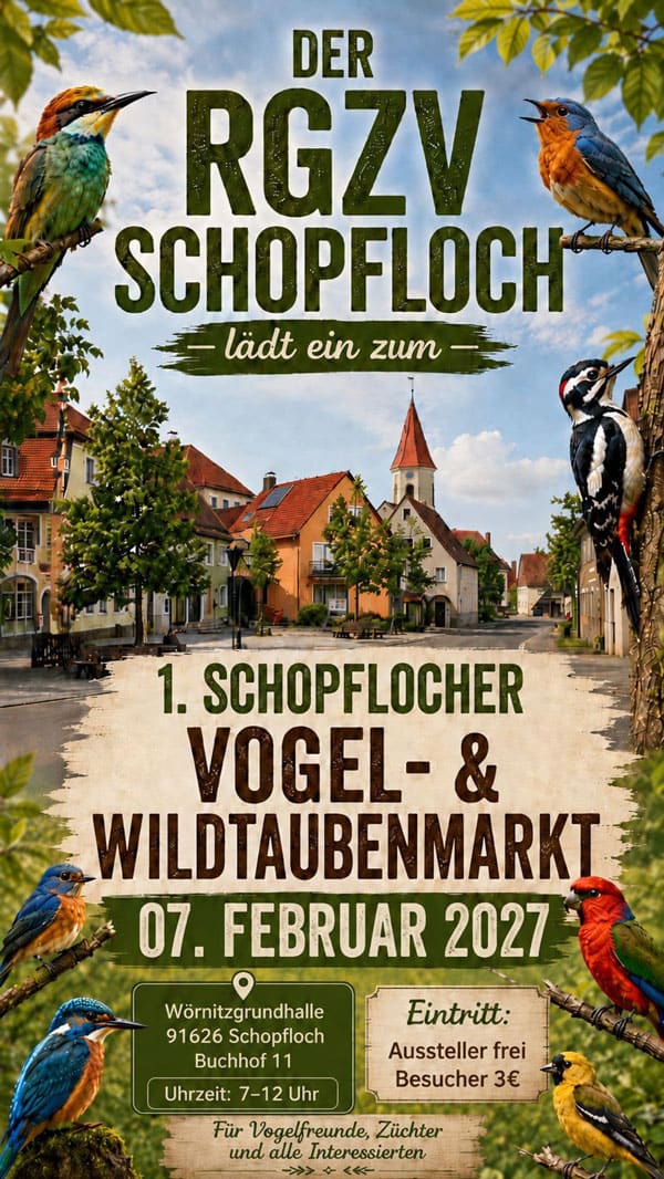 Plakat zum 1. Schopflocher Vogel- und Wildtaubenmarkt: bunte Vögel auf Ästen über dem Marktplatz von Schopfloch